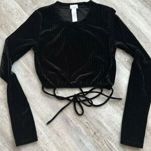 Black velvet ribbed tie front crop top Y2K festival coachella long sleeve fitted